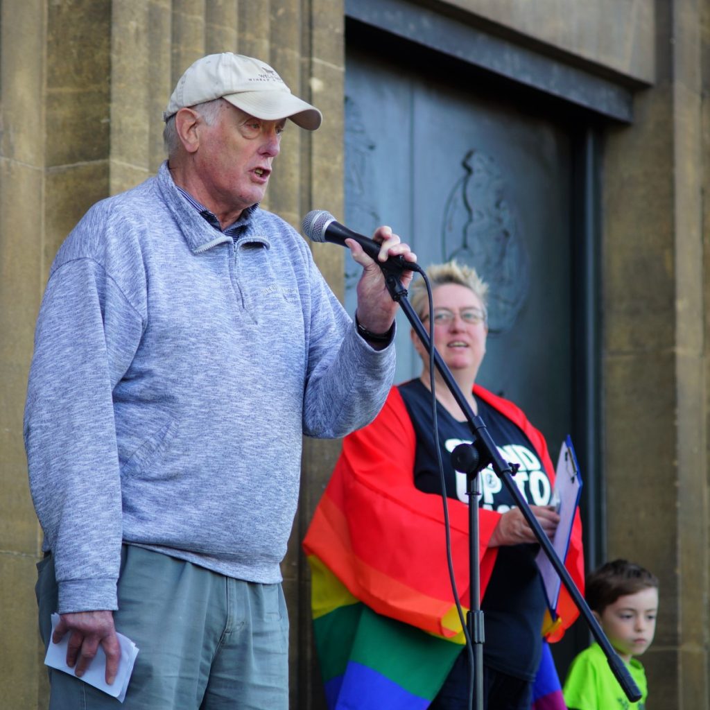 Three generations of protest inc Dr Ian Gibson, former Labour MP, Julie Bremner, & Joe aged 6, Norwich Protests Donald Trump